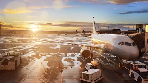International Law Attorneys – SWVG Inc. Airplane at an international airport terminal during sunrise, symbolising cross-border legal services and global legal representation by SWVG Inc.